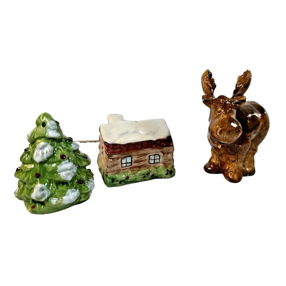 Set of 3 Vintage Holiday Time Ceramic Salt &Pepper Shakers Moose/Tree/Cabin Set